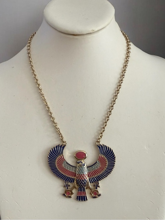 Jewelry - Egyptian Revival Horus Falcon red & blue enameled gold tone adjustable Necklace